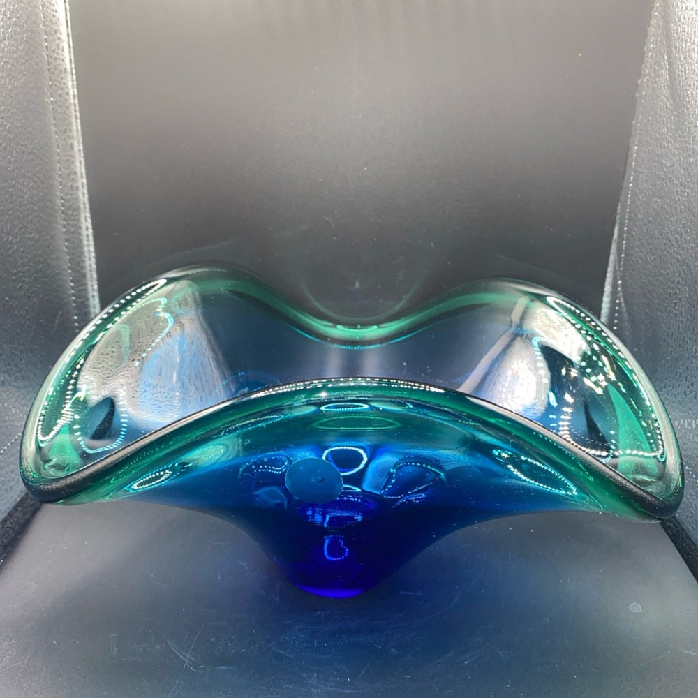 Vintage Murano Sargasso Style Blue Teal Rim Wave Bowl 9”